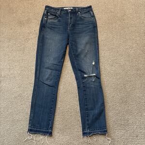 Amo Babe Dive Bar Destroy Blue Jeans 28/28 Slim Straight Ankle Raw Hem